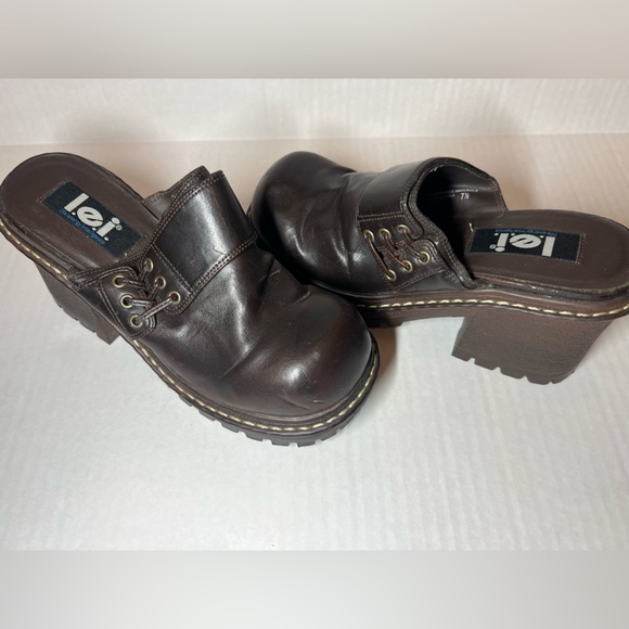 Vintage 90s Grunge Goth EDM Womens 7.5 Chunky Lace Platform Heels Shoes Brown - Picture 7 of 7